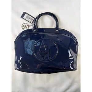 Armani Jeans Blue Patent PVC Leather Tote Bag AJ Logo Embossed Metal Charm L